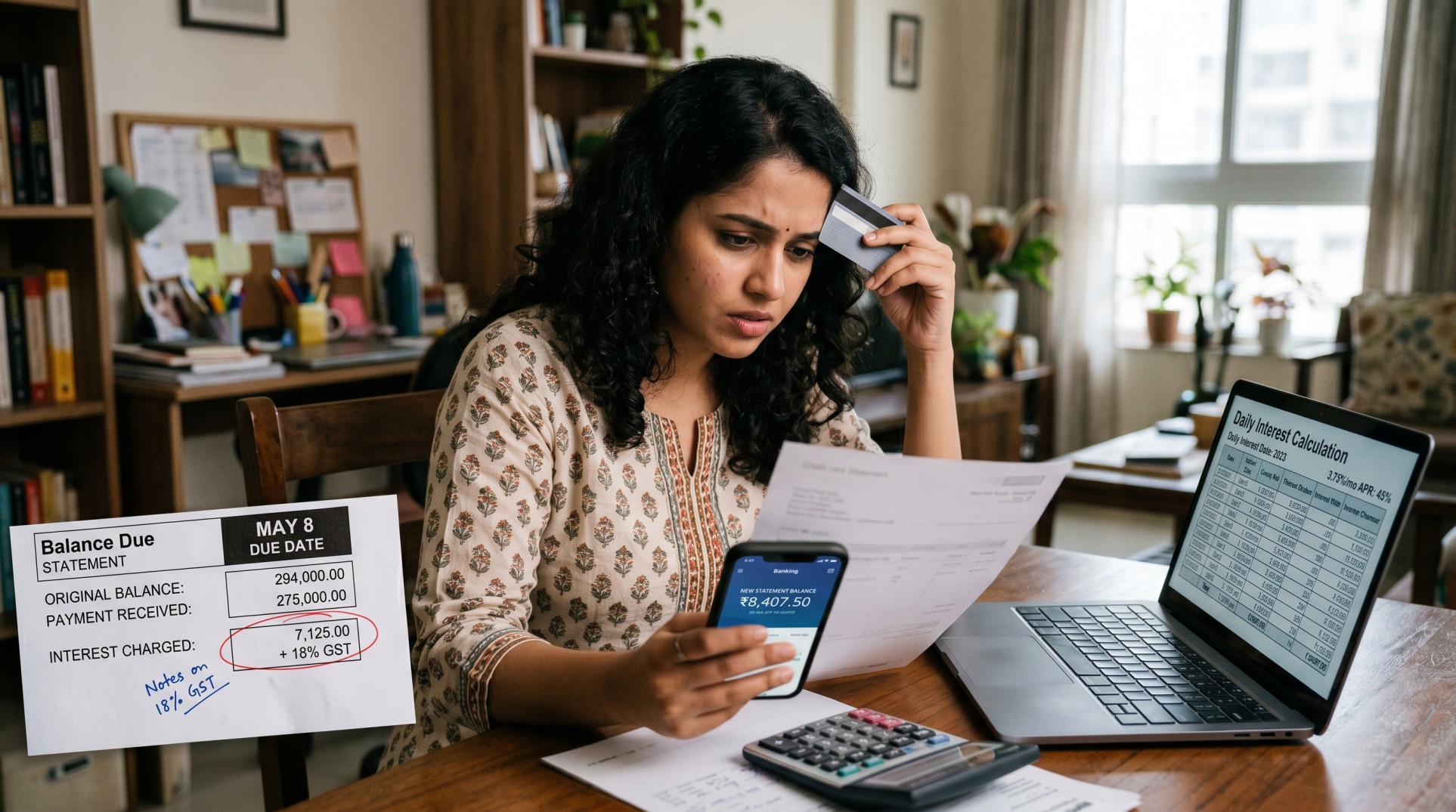 A detailed financial ledger displaying credit card statement calculations, high interest rates, and bank account penalties.