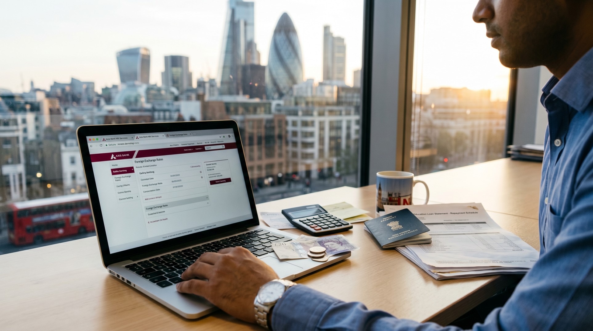 A professional setting up online banking on a laptop next to a passport and foreign currency notes, representing international student loan repayment.