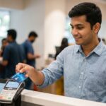 A young Indian professional smiling while holding their first physical credit card in an urban setting