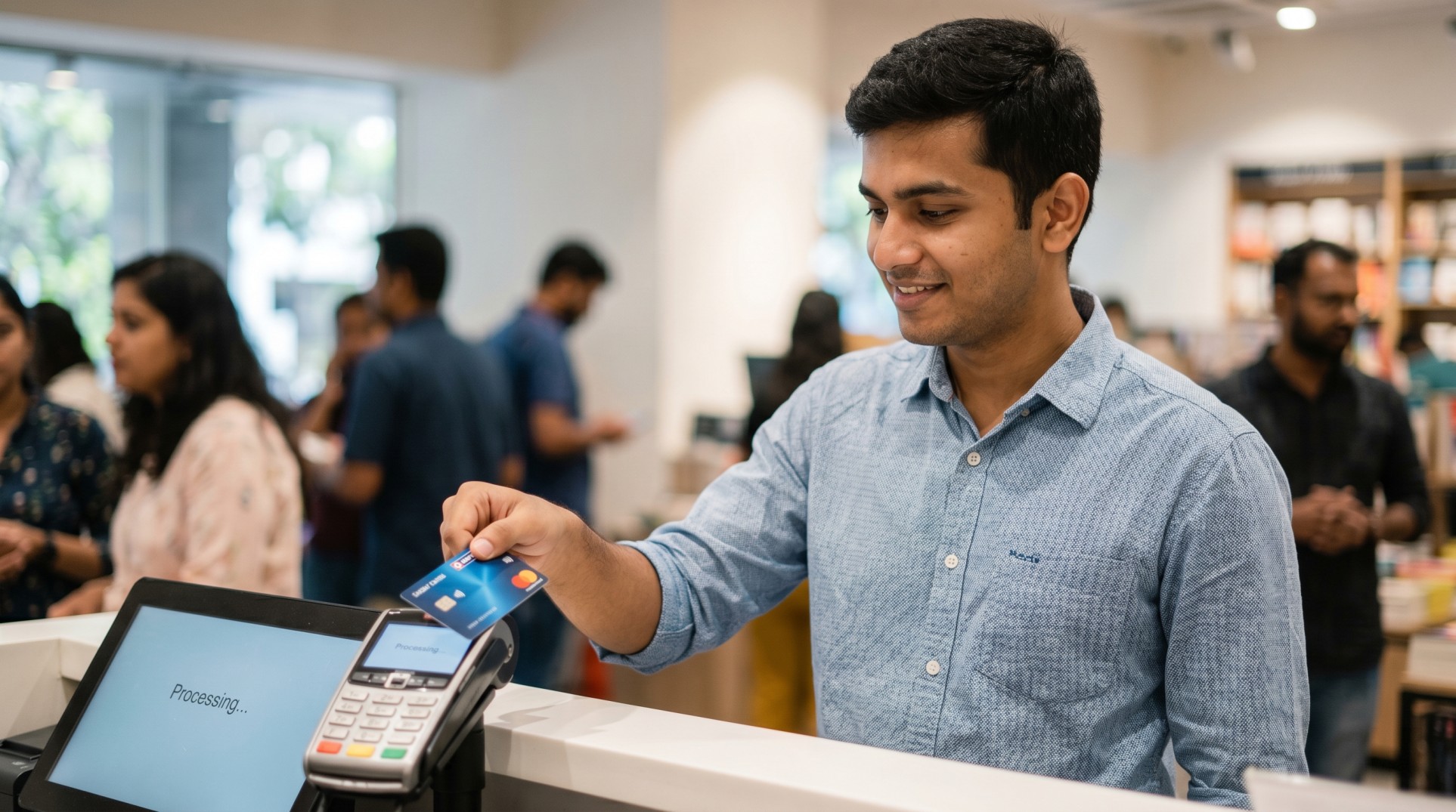 A young Indian professional smiling while holding their first physical credit card in an urban setting