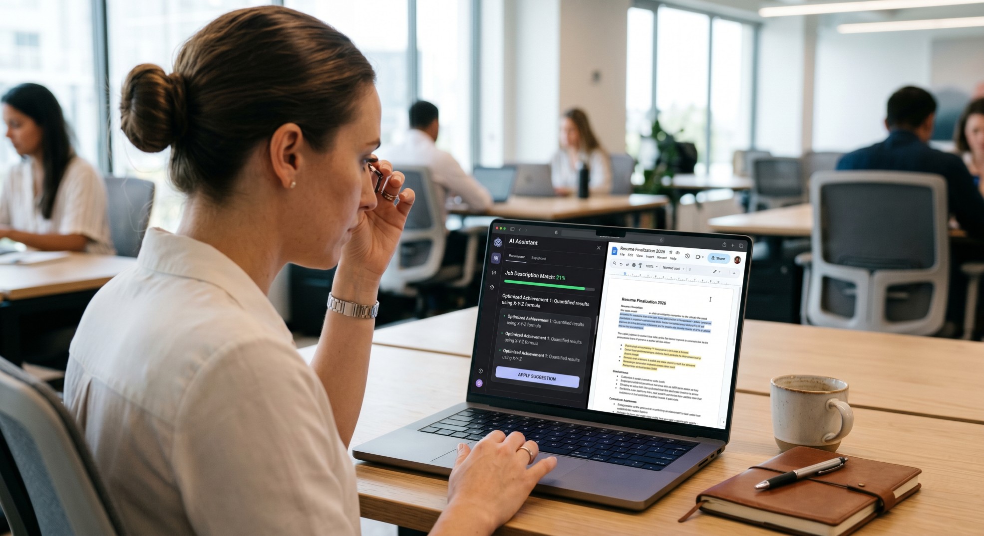 Close-up of a laptop screen showing an open text editor optimizing a professional resume alongside an AI assistant split-screen pane, realistic corporate office background.